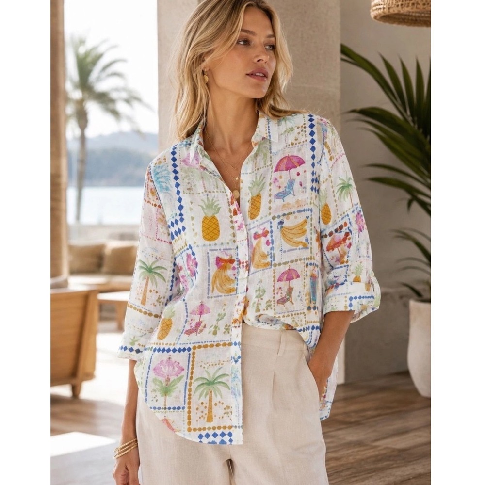 Calypso St Barth Tropical Linen Blend Shirt M High Low Resort Cover Up